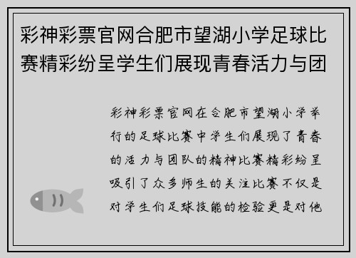 彩神彩票官网合肥市望湖小学足球比赛精彩纷呈学生们展现青春活力与团队精神