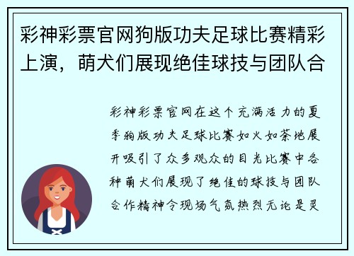 彩神彩票官网狗版功夫足球比赛精彩上演，萌犬们展现绝佳球技与团队合作精神